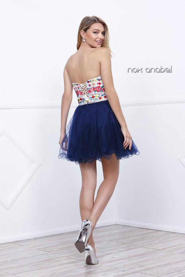 Short Strapless Dress with Floral Embroidery by Nox Anabel 6249-Short Cocktail Dresses-ABC Fashion