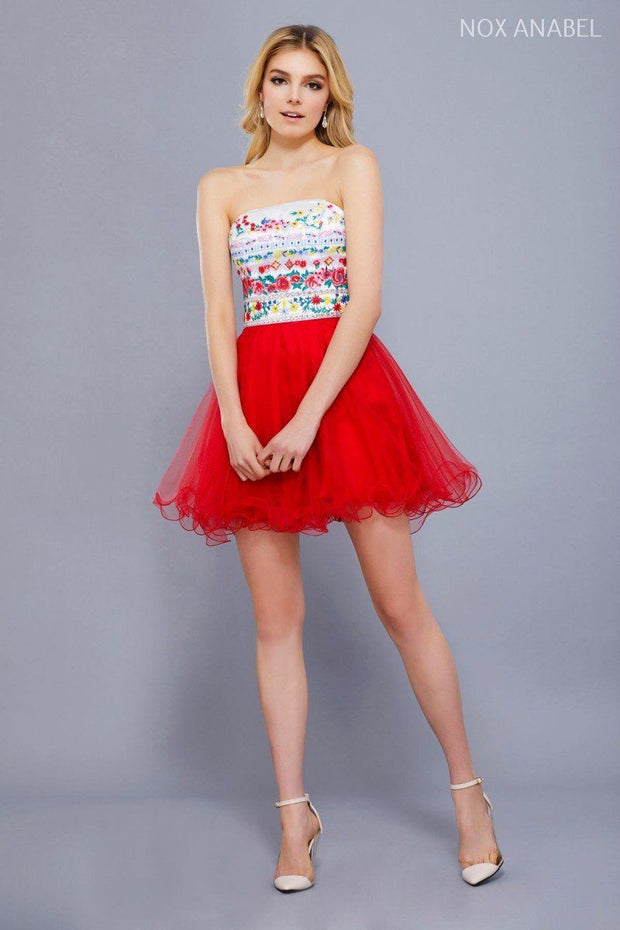 Short Strapless Dress with Floral Embroidery by Nox Anabel 6249-Short Cocktail Dresses-ABC Fashion