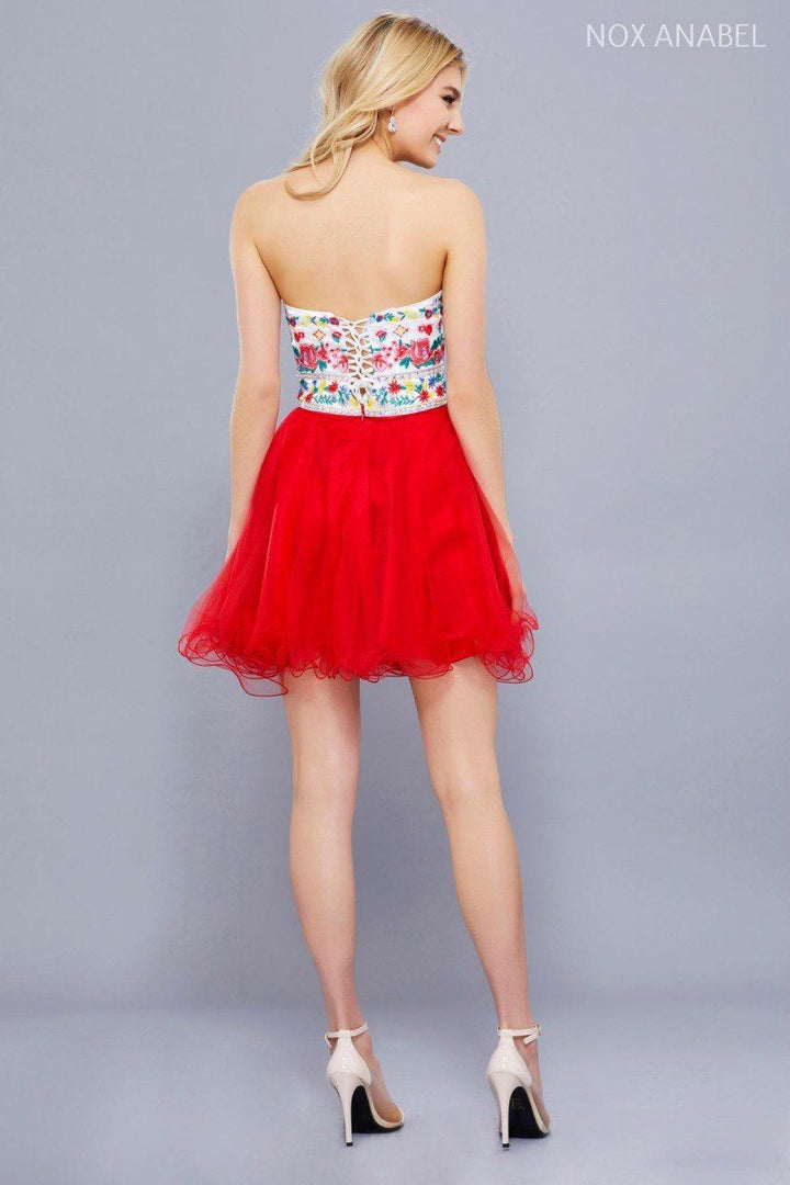 Short Strapless Dress with Floral Embroidery by Nox Anabel 6249-Short Cocktail Dresses-ABC Fashion