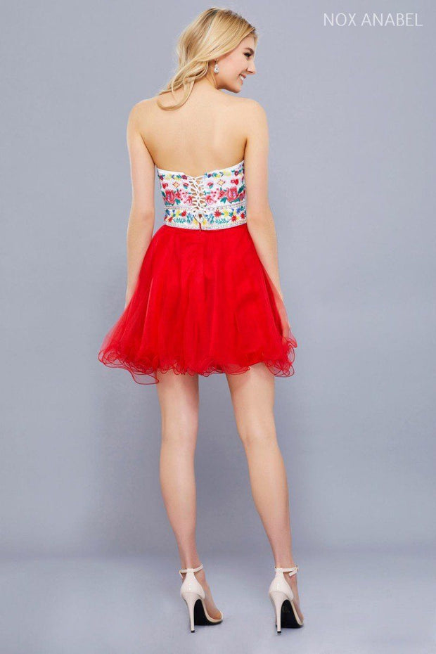Short Strapless Dress with Floral Embroidery by Nox Anabel 6249-Short Cocktail Dresses-ABC Fashion