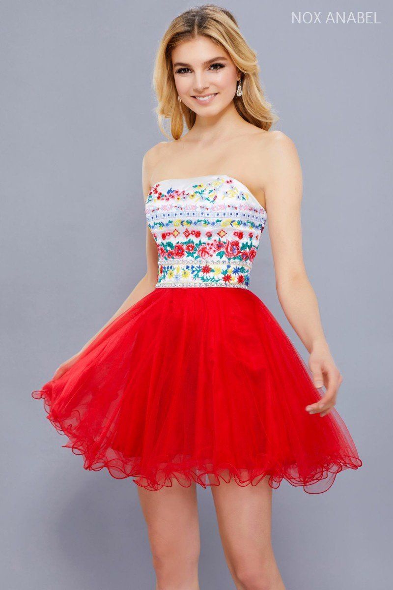 Short Strapless Dress with Floral Embroidery by Nox Anabel 6249-Short Cocktail Dresses-ABC Fashion