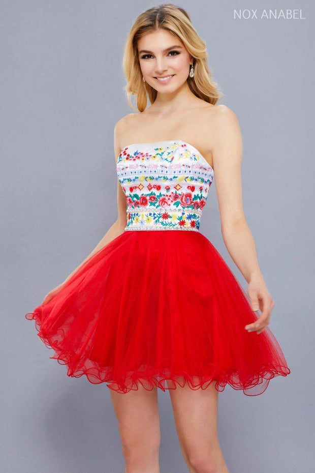 Short Strapless Dress with Floral Embroidery by Nox Anabel 6249-Short Cocktail Dresses-ABC Fashion