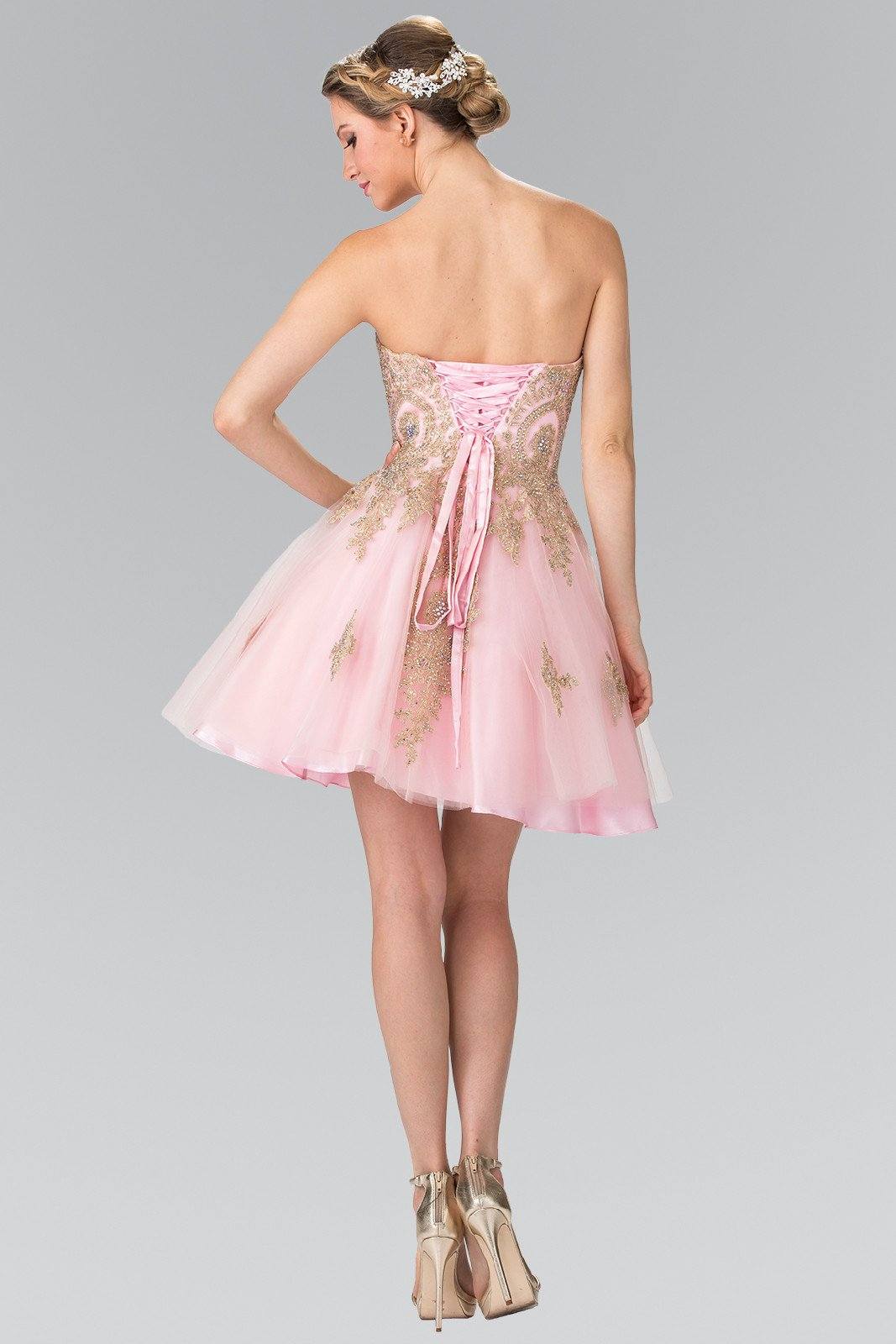 Short Strapless Dress with Gold Lace Applique by Elizabeth K GS2371-Short Cocktail Dresses-ABC Fashion