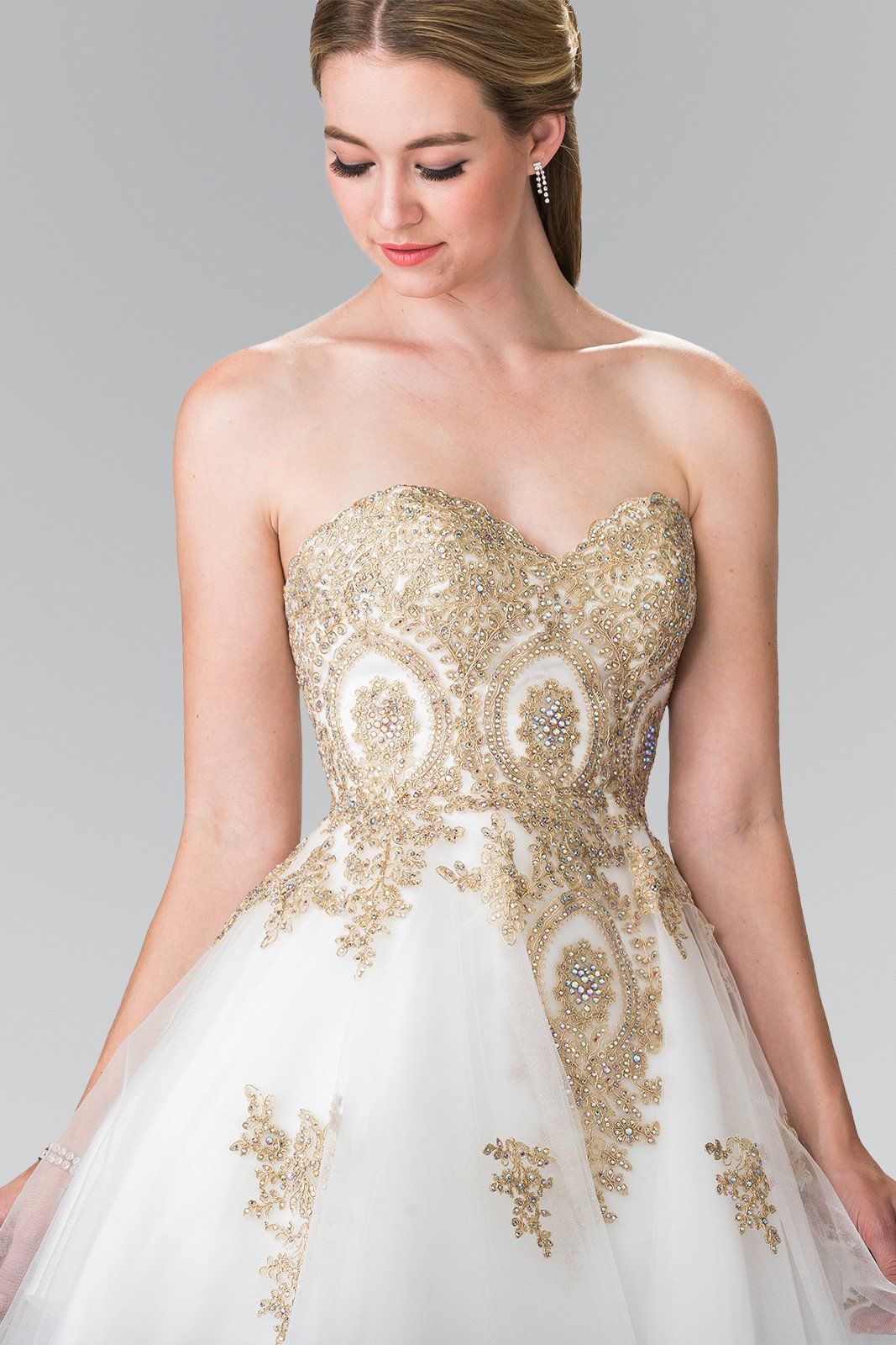 Short Strapless Dress with Gold Lace Applique by Elizabeth K GS2371-Short Cocktail Dresses-ABC Fashion