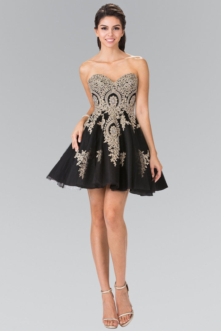 Short Strapless Dress with Gold Lace Applique by Elizabeth K GS2371-Short Cocktail Dresses-ABC Fashion