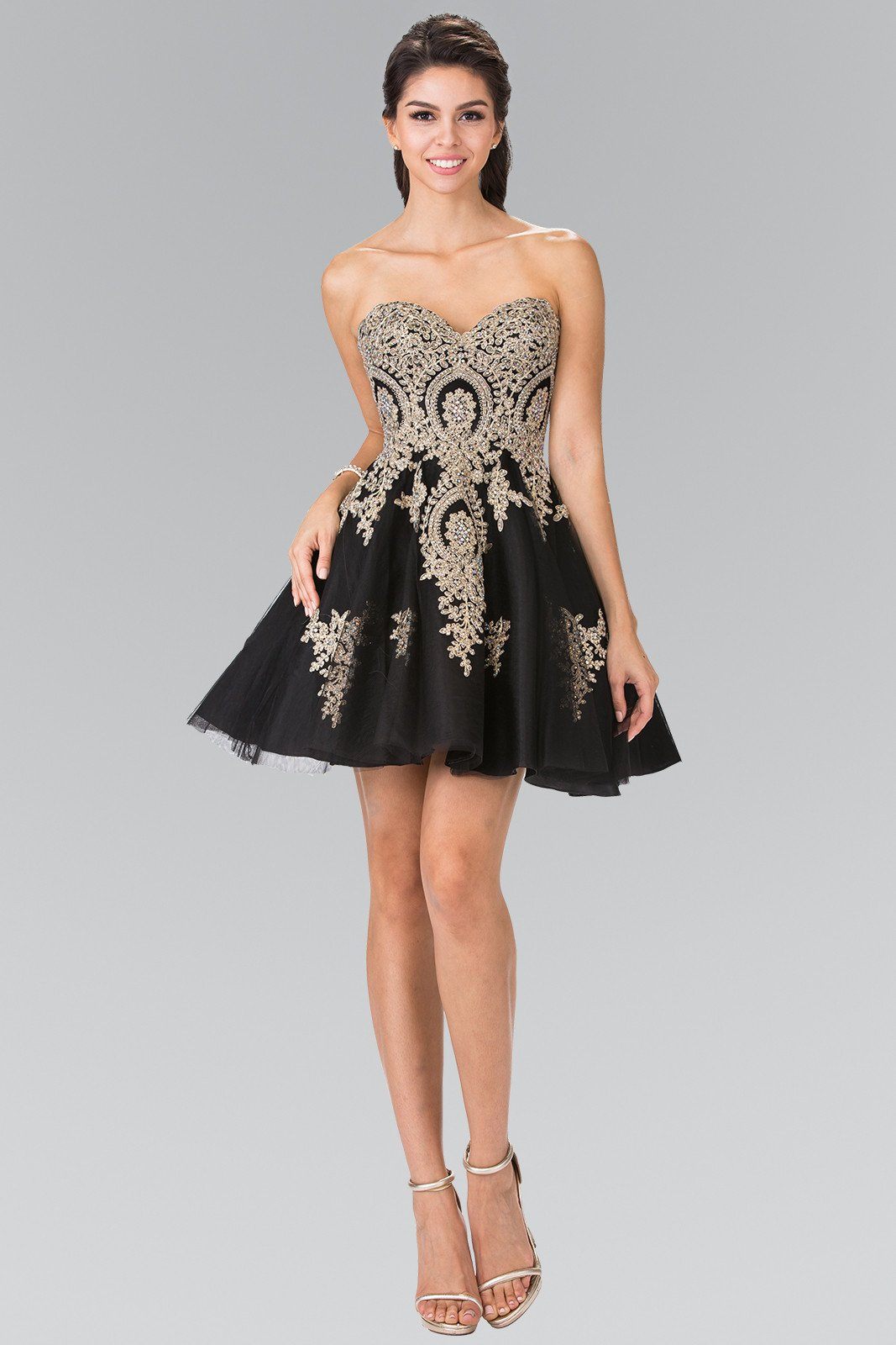 Short Strapless Dress with Gold Lace Applique by Elizabeth K GS2371