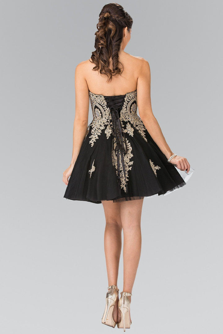 Short Strapless Dress with Gold Lace Applique by Elizabeth K GS2371-Short Cocktail Dresses-ABC Fashion