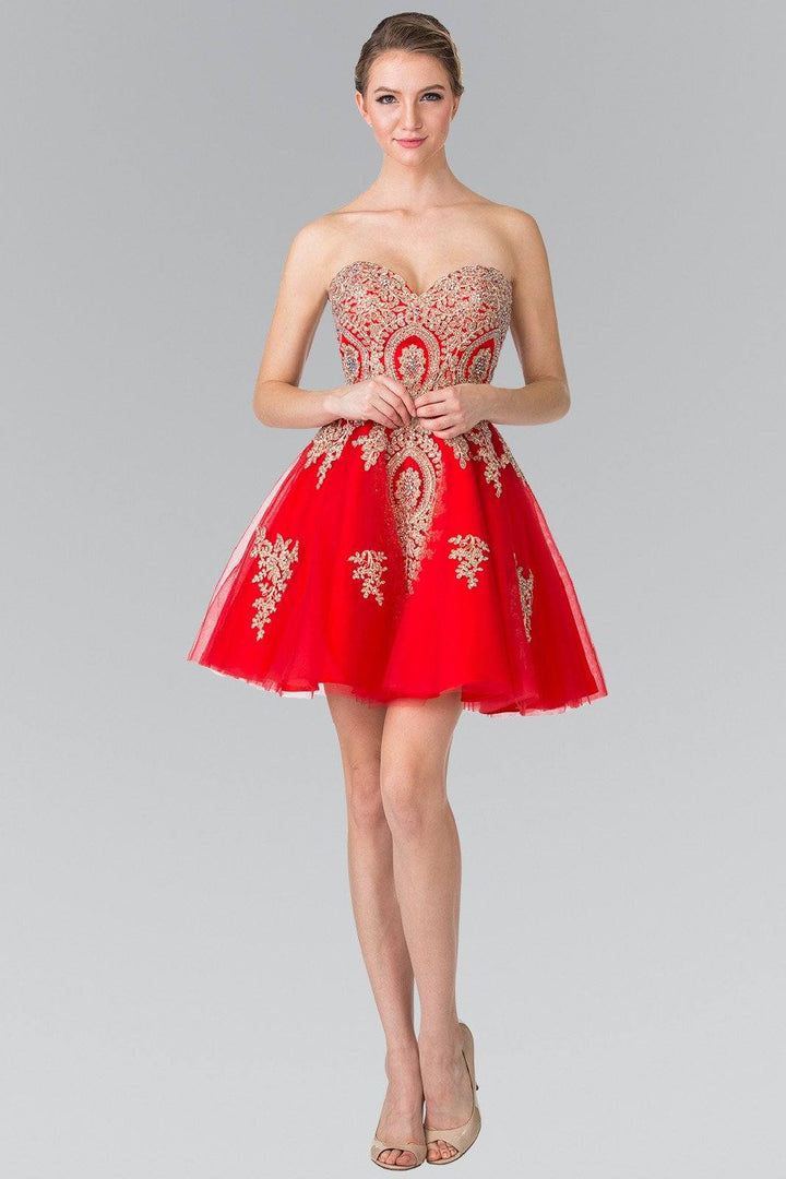 Short Strapless Dress with Gold Lace Applique by Elizabeth K GS2371-Short Cocktail Dresses-ABC Fashion