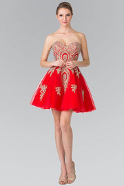 Short Strapless Dress with Gold Lace Applique by Elizabeth K GS2371-Short Cocktail Dresses-ABC Fashion