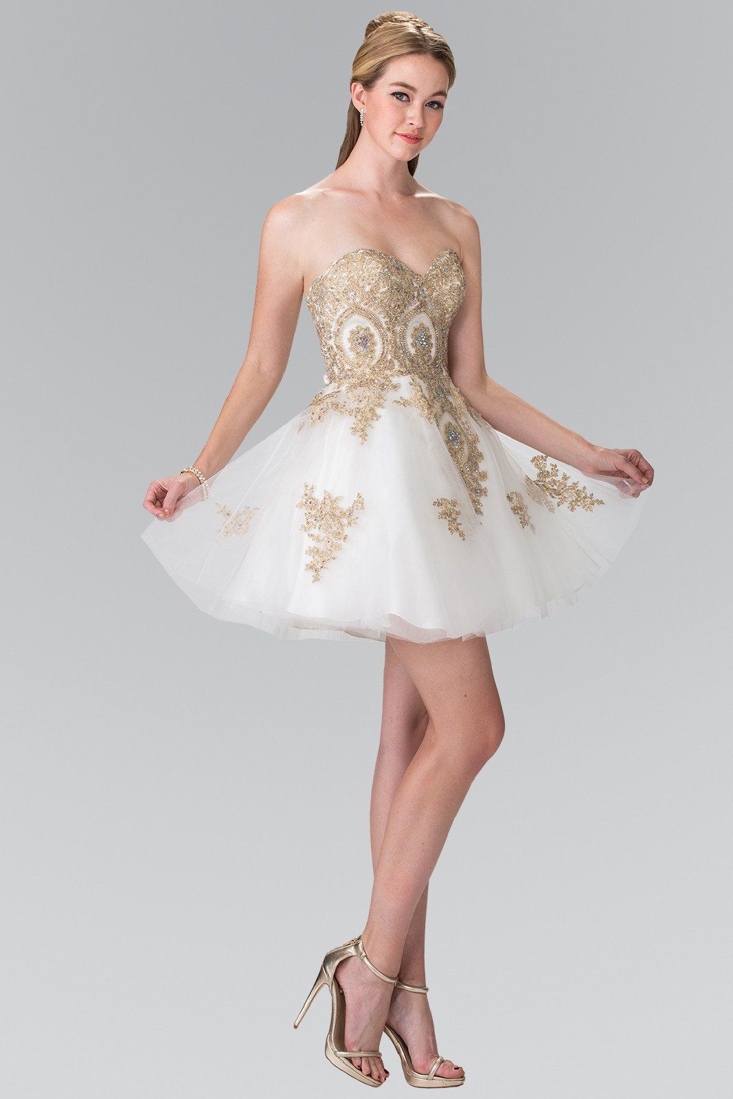 Short Strapless Dress with Gold Lace Applique by Elizabeth K GS2371-Short Cocktail Dresses-ABC Fashion