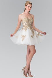 Short Strapless Dress with Gold Lace Applique by Elizabeth K GS2371-Short Cocktail Dresses-ABC Fashion