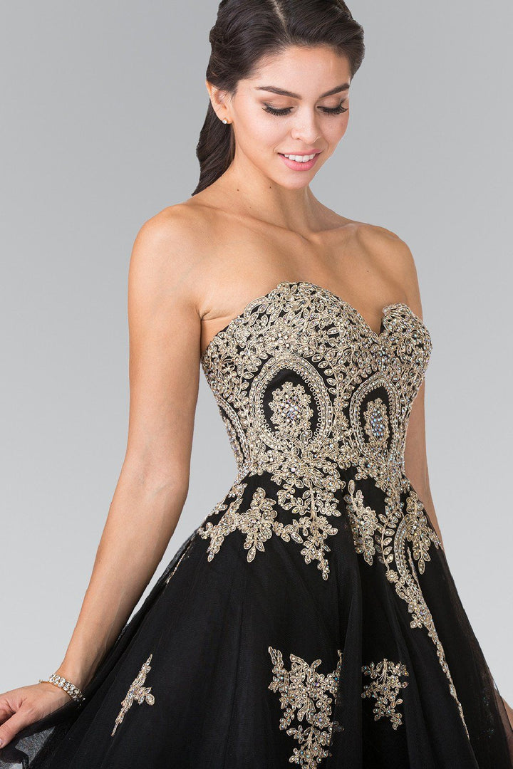 Short Strapless Dress with Gold Lace Applique by Elizabeth K GS2371-Short Cocktail Dresses-ABC Fashion