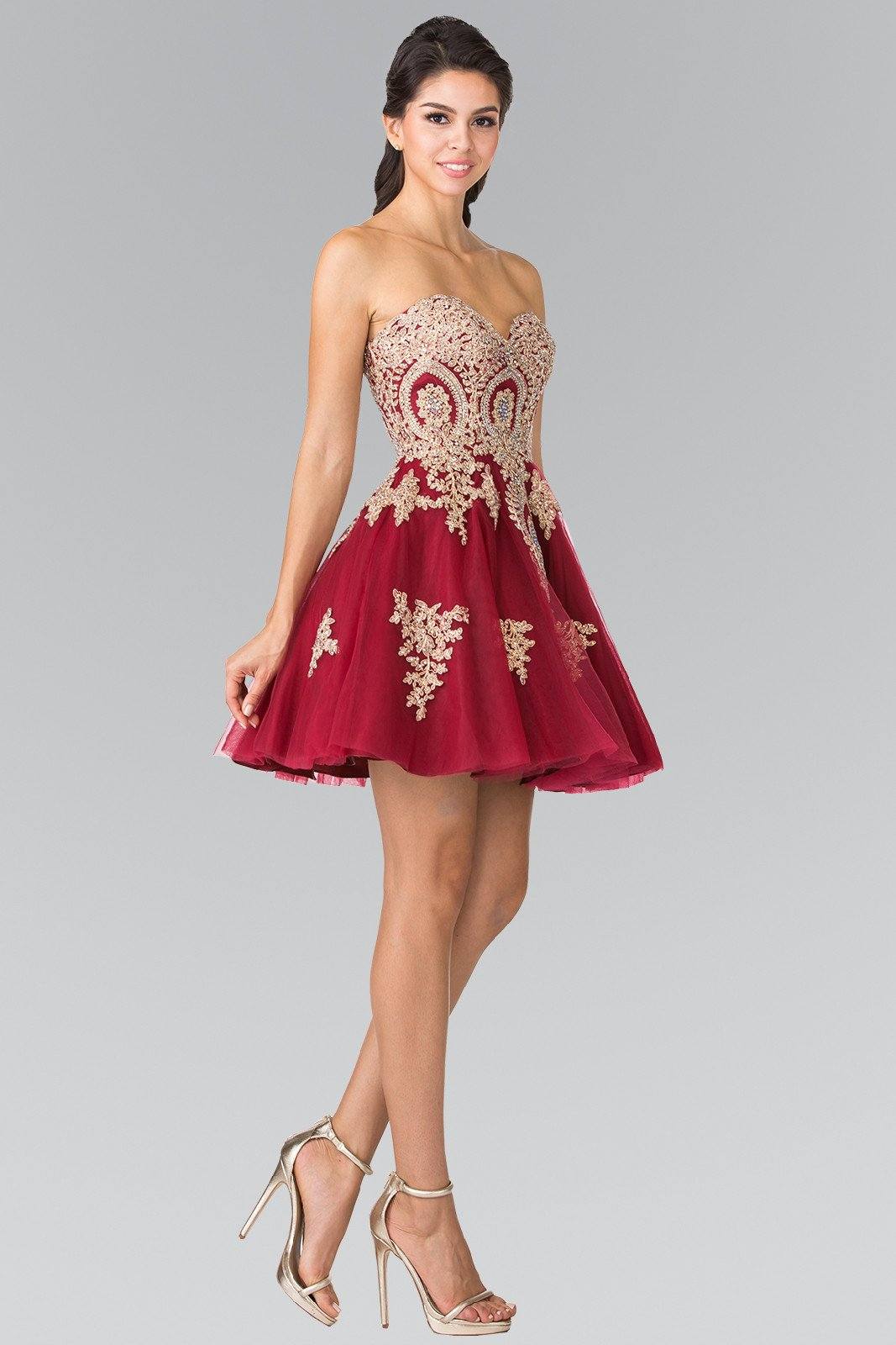 Short Strapless Dress with Gold Lace Applique by Elizabeth K GS2371-Short Cocktail Dresses-ABC Fashion