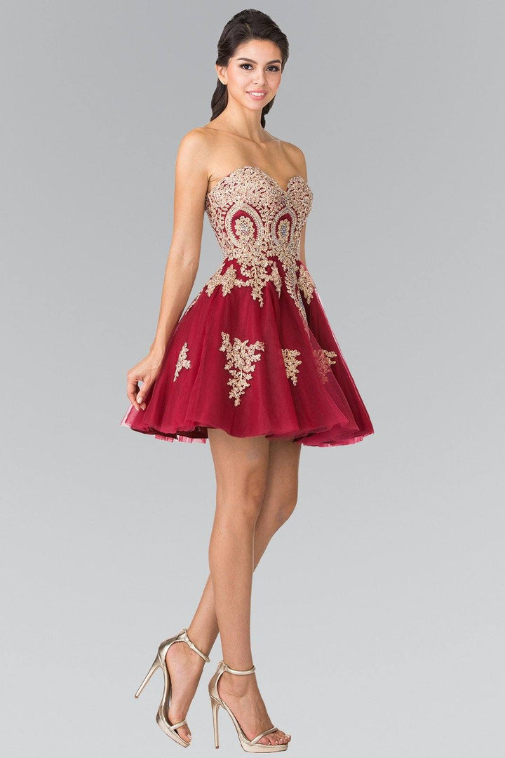 Short Strapless Dress with Gold Lace Applique by Elizabeth K GS2371-Short Cocktail Dresses-ABC Fashion