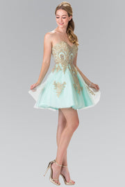 Short Strapless Dress with Gold Lace Applique by Elizabeth K GS2371-Short Cocktail Dresses-ABC Fashion