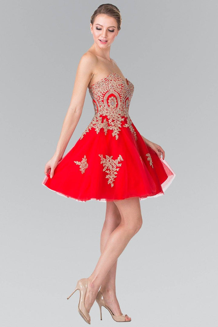 Short Strapless Dress with Gold Lace Applique by Elizabeth K GS2371-Short Cocktail Dresses-ABC Fashion