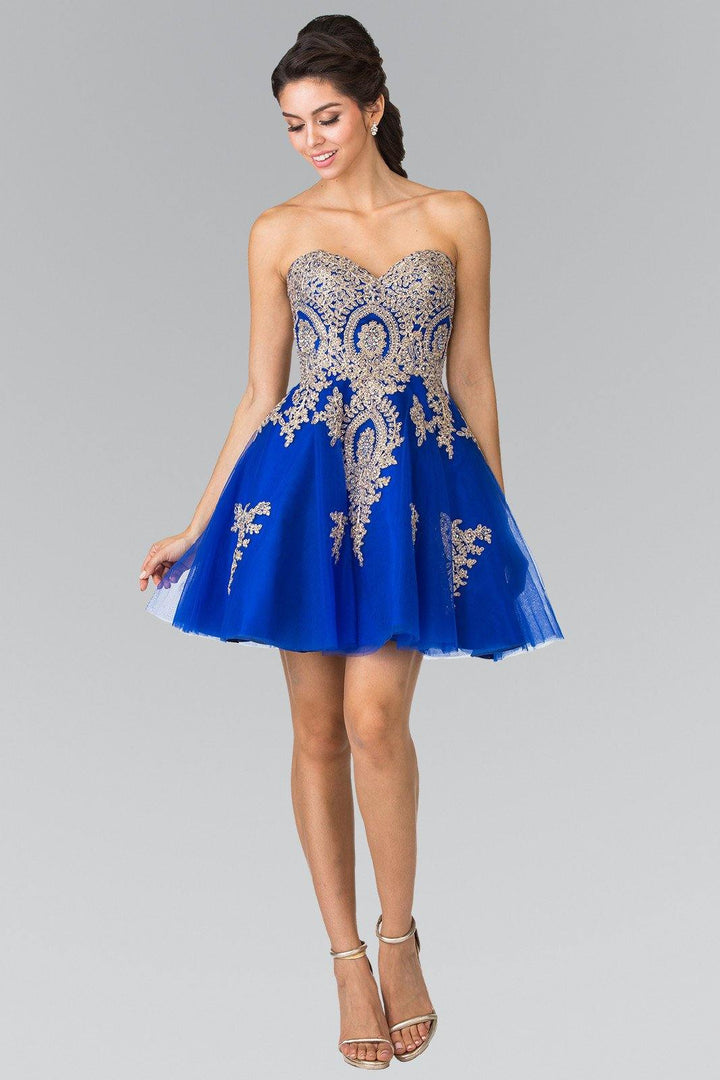 Short Strapless Dress with Gold Lace Applique by Elizabeth K GS2371-Short Cocktail Dresses-ABC Fashion