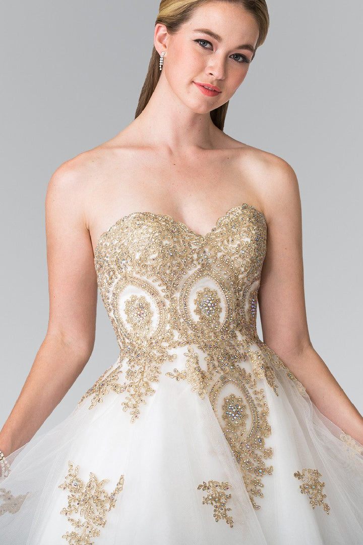 Short Strapless Dress with Gold Lace Applique by Elizabeth K GS2371-Short Cocktail Dresses-ABC Fashion