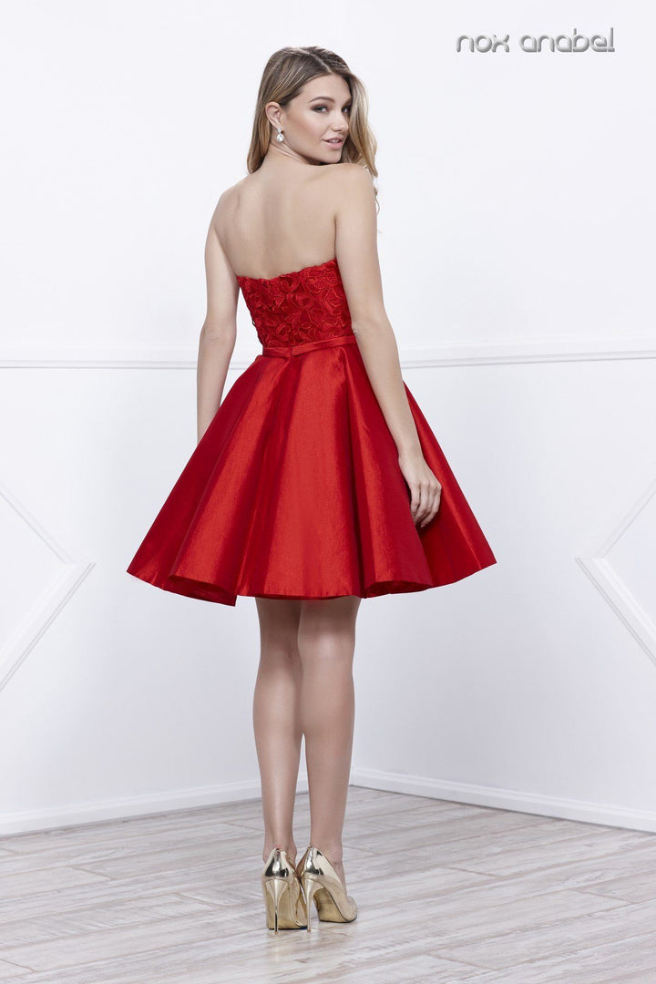 Short Strapless Dress with Lace Applique by Nox Anabel 6265-Short Cocktail Dresses-ABC Fashion