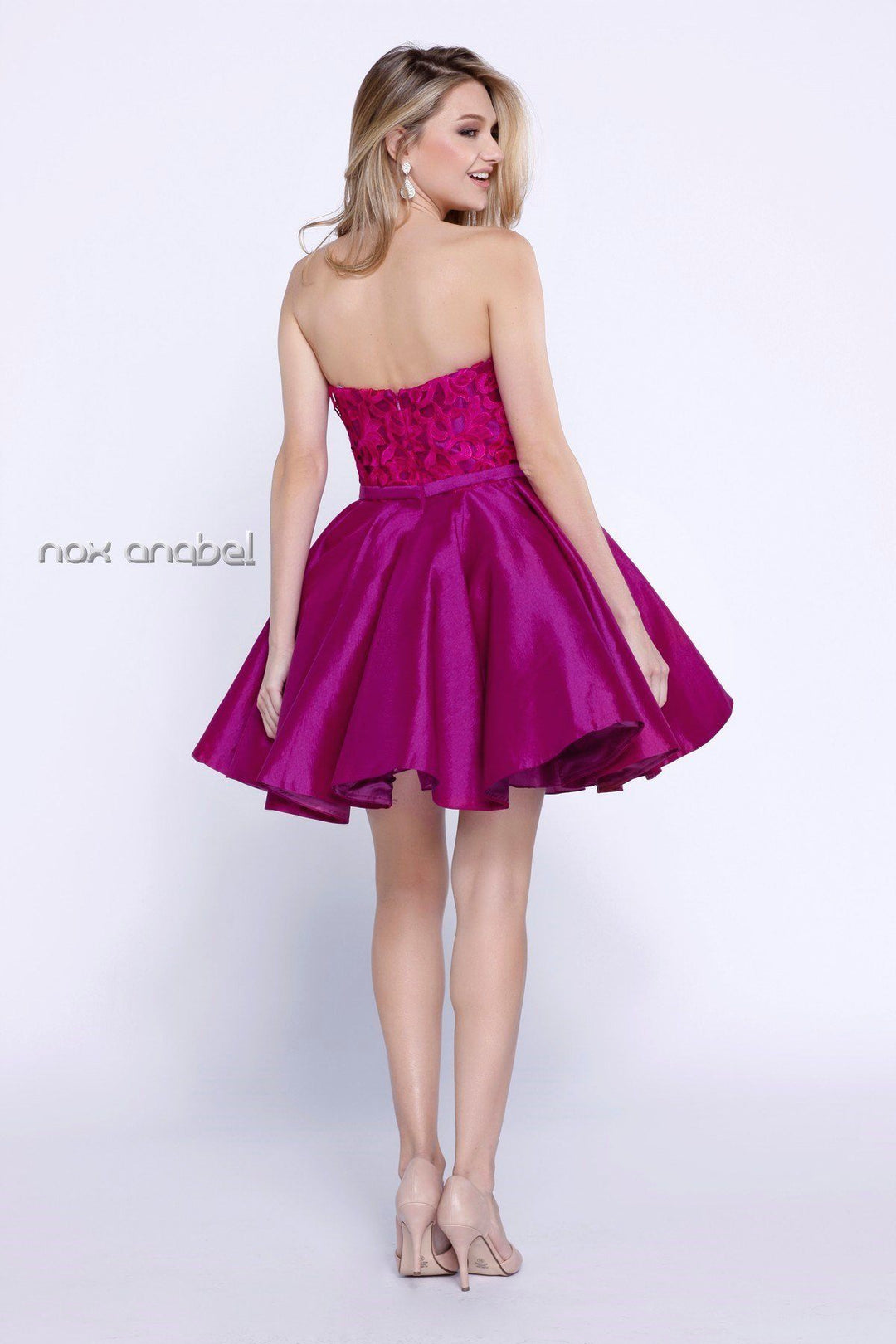 Short Strapless Dress with Lace Applique by Nox Anabel 6265-Short Cocktail Dresses-ABC Fashion