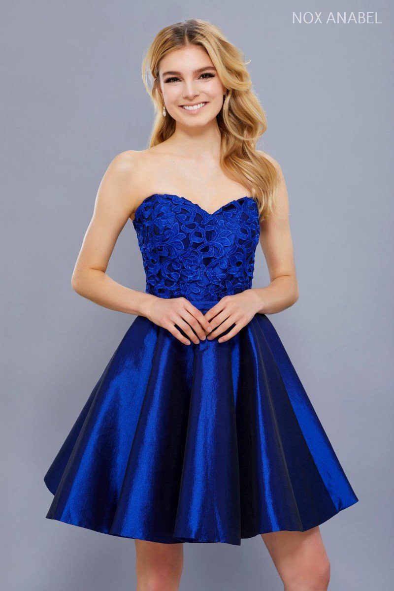 Short Strapless Dress with Lace Applique by Nox Anabel 6265-Short Cocktail Dresses-ABC Fashion