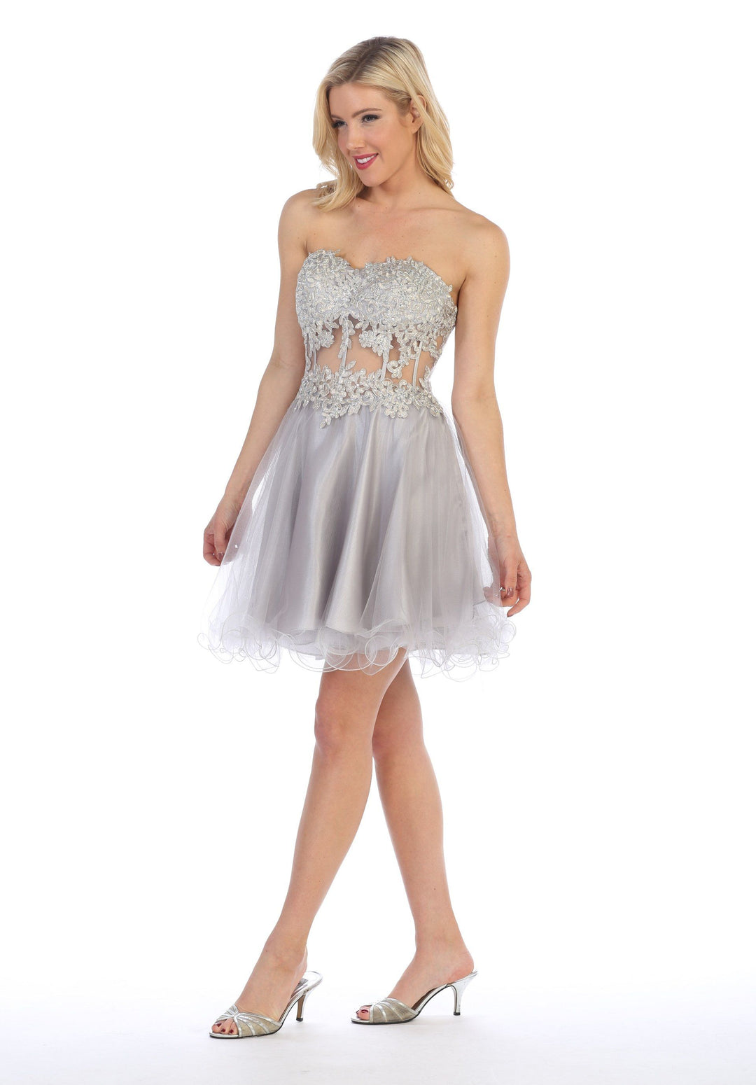 Short Strapless Dress with Sheer Applique Bodice by Celavie 5013-Short Cocktail Dresses-ABC Fashion