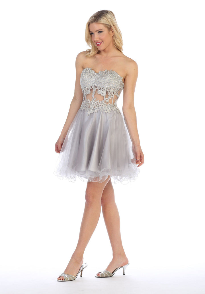 Short Strapless Dress with Sheer Applique Bodice by Celavie 5013-Short Cocktail Dresses-ABC Fashion