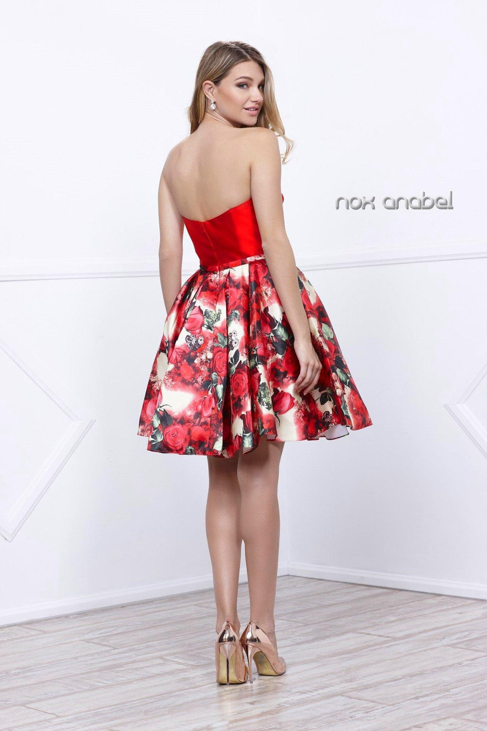 Short Strapless Floral Print Dress by Nox Anabel 6276-Short Cocktail Dresses-ABC Fashion