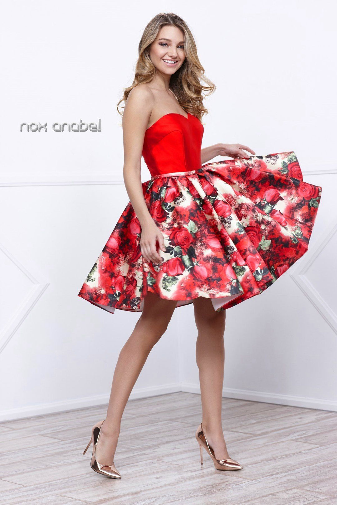 Short Strapless Floral Print Dress by Nox Anabel 6276-Short Cocktail Dresses-ABC Fashion