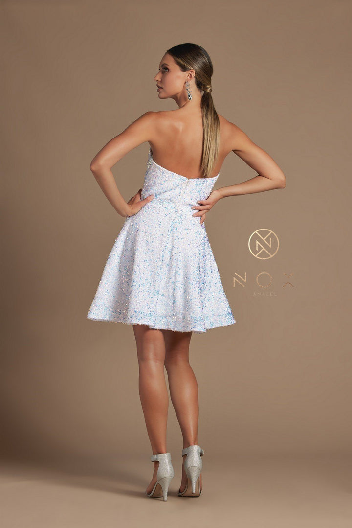 Short Strapless Iridescent Sequin Dress by Nox Anabel R705