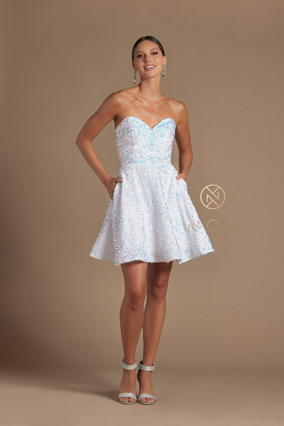 Short Strapless Iridescent Sequin Dress by Nox Anabel R705