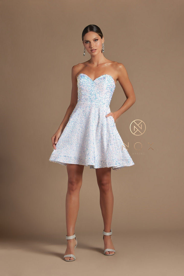 Short Strapless Iridescent Sequin Dress by Nox Anabel R705