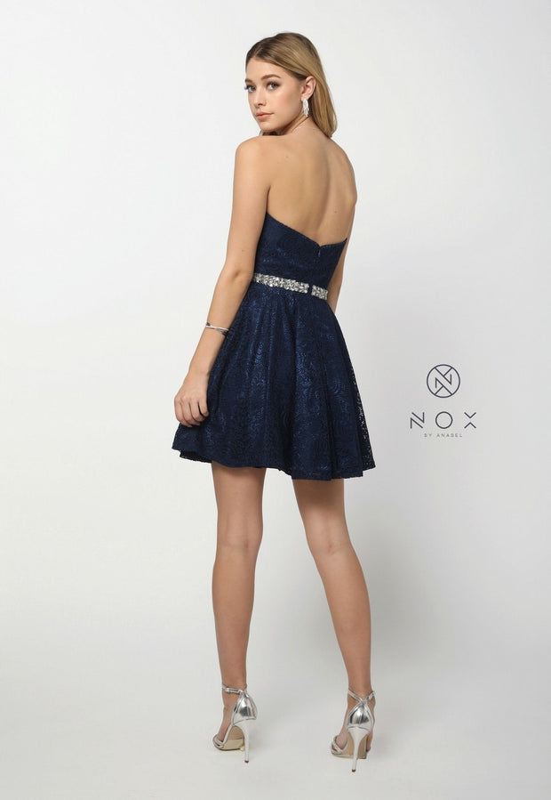 Short Strapless Lace Dress with Beaded Waist by Nox Anabel 6358-Short Cocktail Dresses-ABC Fashion