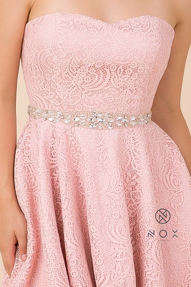 Short Strapless Lace Dress with Beaded Waist by Nox Anabel 6358-Short Cocktail Dresses-ABC Fashion