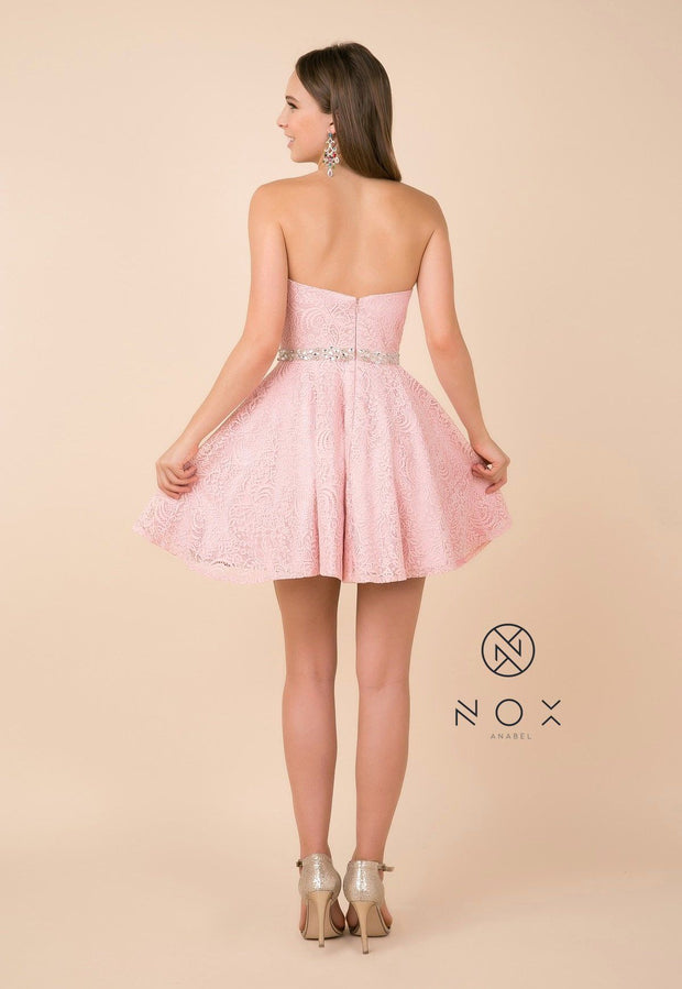 Short Strapless Lace Dress with Beaded Waist by Nox Anabel 6358-Short Cocktail Dresses-ABC Fashion