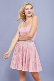 Short Strapless Lace Dress with Beaded Waist by Nox Anabel 6358-Short Cocktail Dresses-ABC Fashion