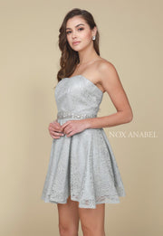 Short Strapless Lace Dress with Beaded Waist by Nox Anabel 6358-Short Cocktail Dresses-ABC Fashion