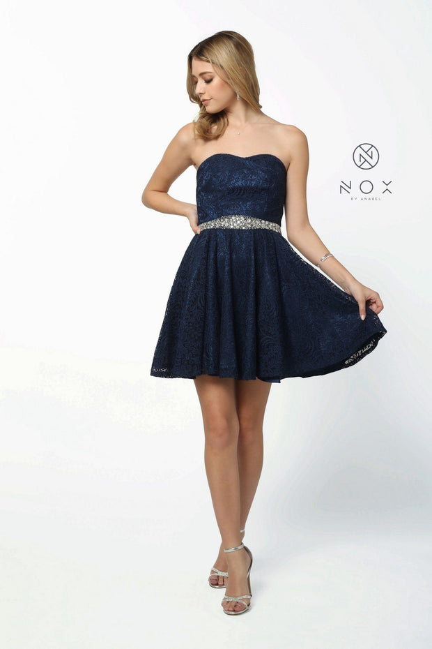 Short Strapless Lace Dress with Beaded Waist by Nox Anabel 6358-Short Cocktail Dresses-ABC Fashion