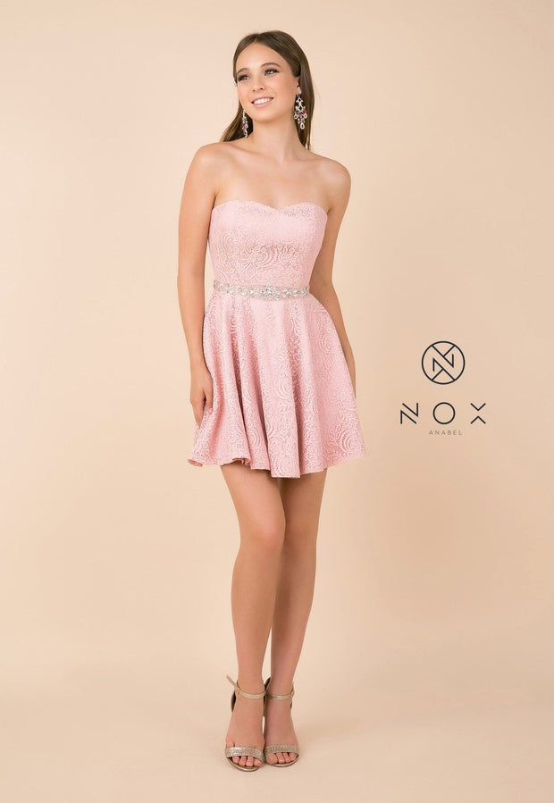 Short Strapless Lace Dress with Beaded Waist by Nox Anabel 6358-Short Cocktail Dresses-ABC Fashion