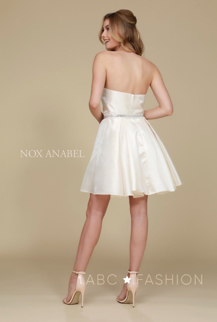 Short Strapless Satin Dress with Pockets by Nox Anabel Y661-Short Cocktail Dresses-ABC Fashion