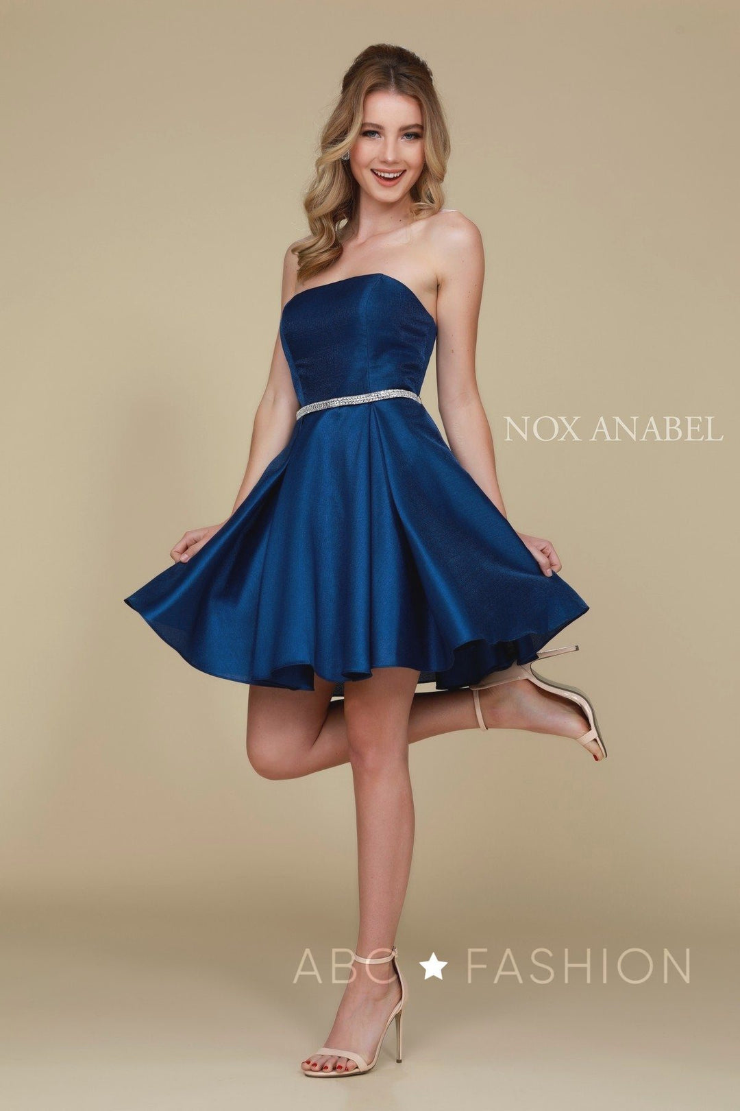 Short Strapless Satin Dress with Pockets by Nox Anabel Y661-Short Cocktail Dresses-ABC Fashion