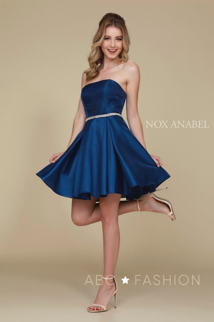 Short Strapless Satin Dress with Pockets by Nox Anabel Y661-Short Cocktail Dresses-ABC Fashion