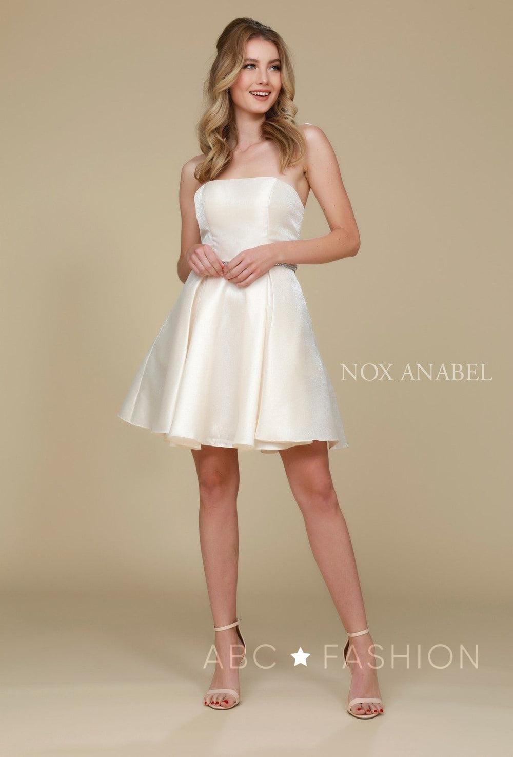 Short Strapless Satin Dress with Pockets by Nox Anabel Y661-Short Cocktail Dresses-ABC Fashion