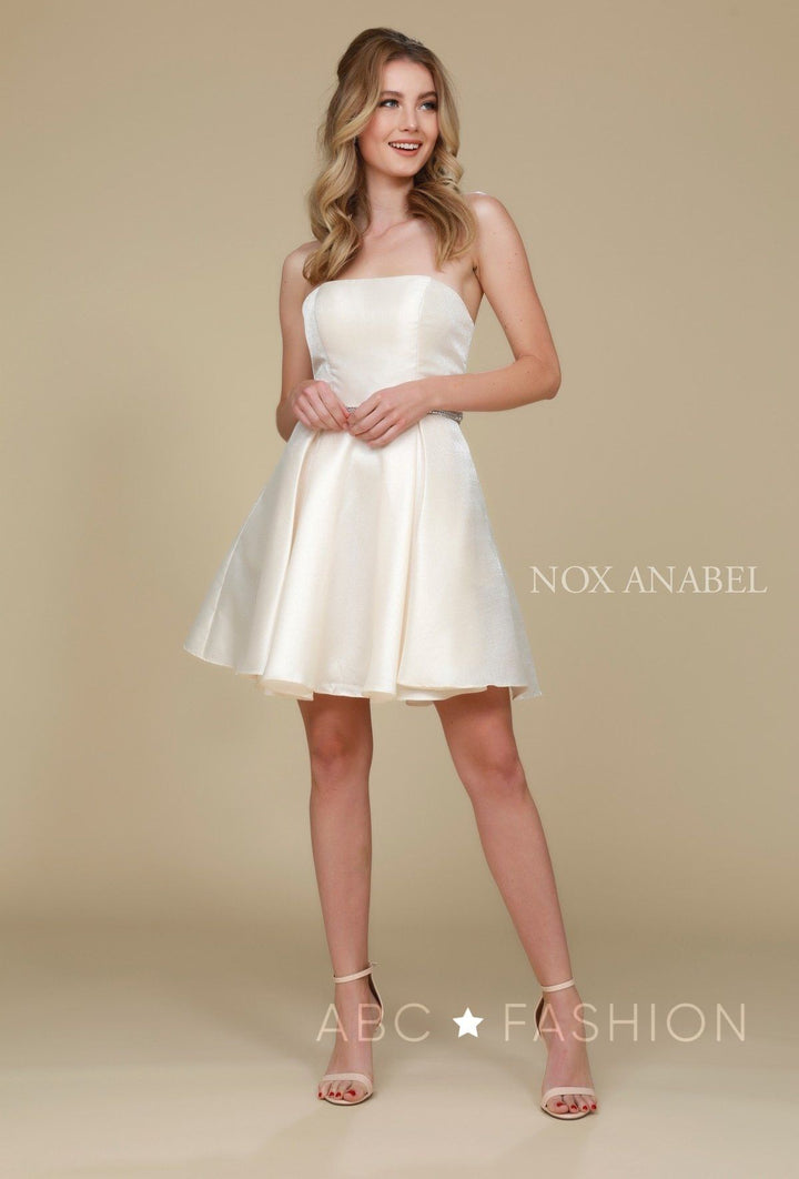 Short Strapless Satin Dress with Pockets by Nox Anabel Y661-Short Cocktail Dresses-ABC Fashion