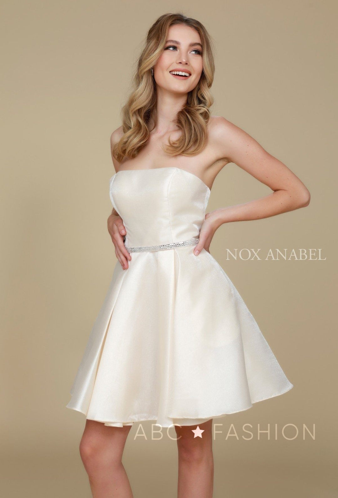 Short Strapless Satin Dress with Pockets by Nox Anabel Y661-Short Cocktail Dresses-ABC Fashion