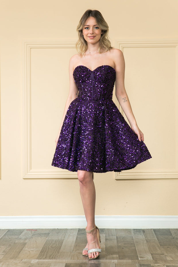 Short Strapless Sequin Corset Dress by Poly USA 8974