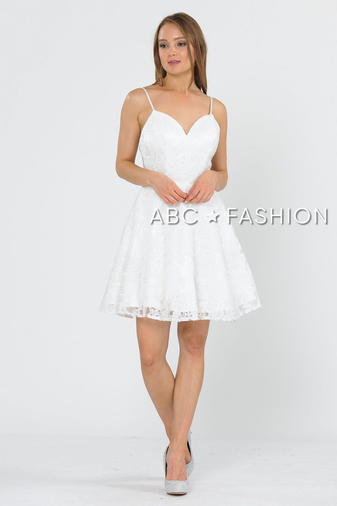 Short Sweetheart Dress with Lace Appliques by Poly USA 8406-Short Cocktail Dresses-ABC Fashion