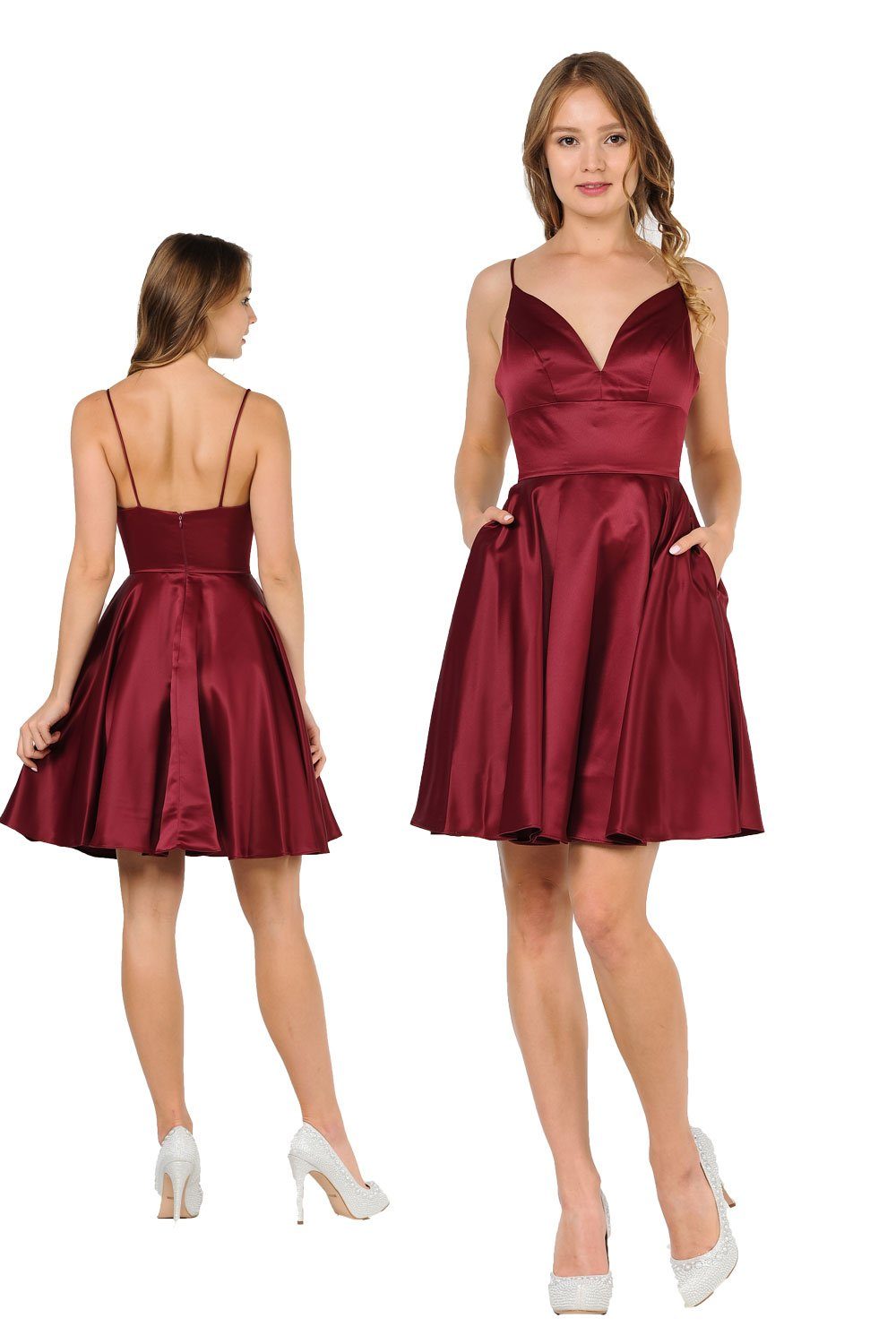 Short Sweetheart Satin Dress with Pockets by Poly USA 8374-Short Cocktail Dresses-ABC Fashion