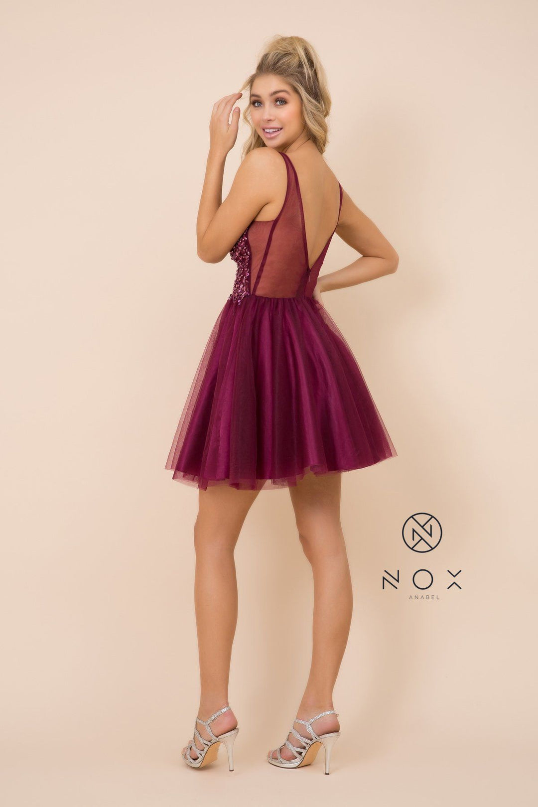Short Tulle Dress with Beaded V-Neck Bodice by Nox Anabel G694