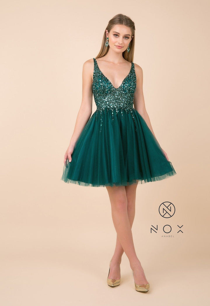 Short Tulle Dress with Beaded V-Neck Bodice by Nox Anabel G694-Short Cocktail Dresses-ABC Fashion